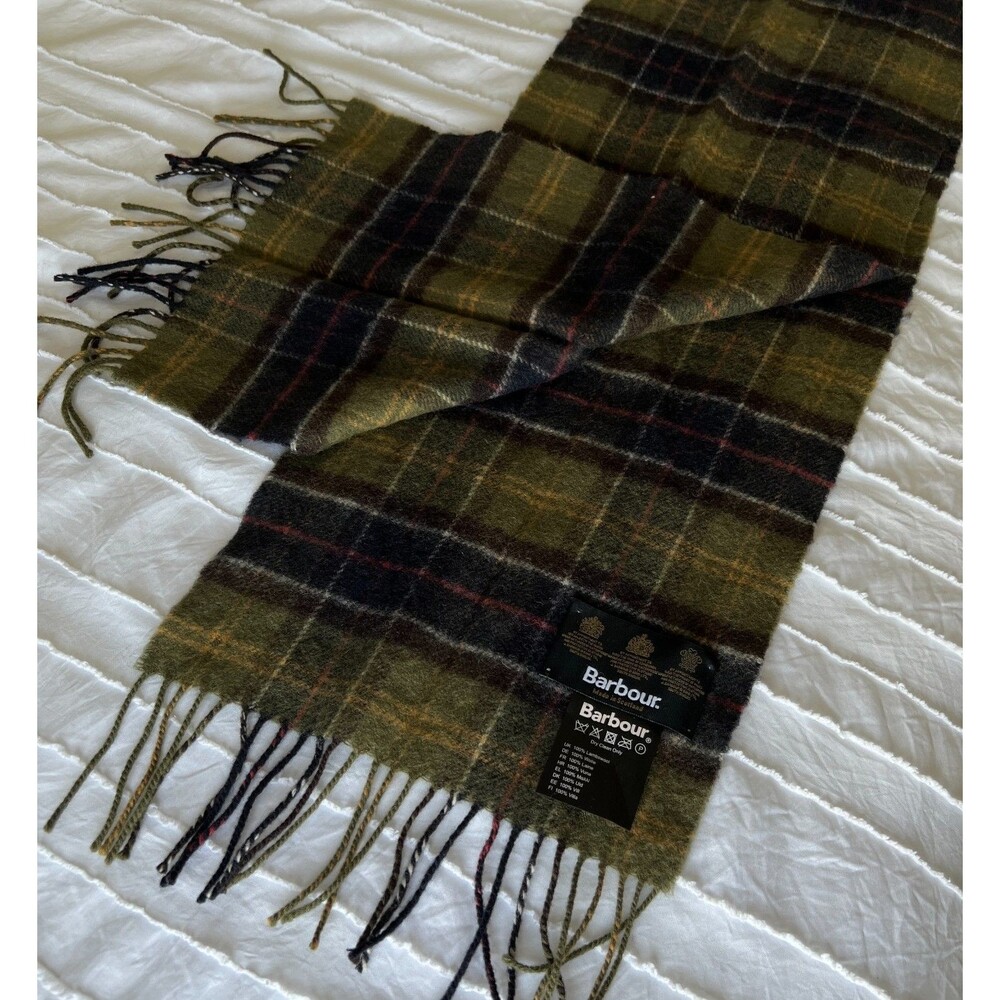 Barbour Classic Tartan Scarf 100% Lambswool Scotland Plaid Fringe 10”x70”